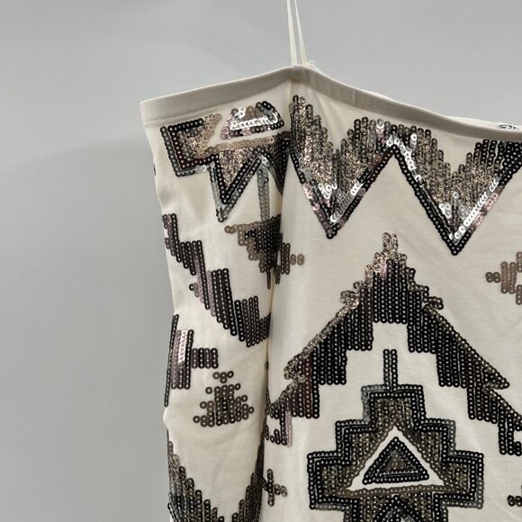 Express Off Shoulder Geometric Mini Dress Off White/Gold Sequin Size Small - Picture 3 of 9